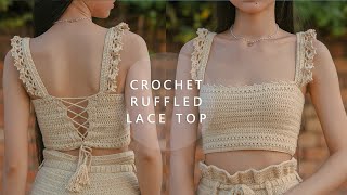 Crochet Ruffled Lace Top Tutorial  Chenda DIY [upl. by Sadirah626]