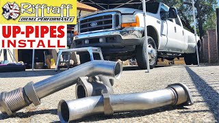 2001 F350 73  RiffRaff UpPipes Install  Stock up pipes leaking and falling apart JUNK SP [upl. by Ralip593]