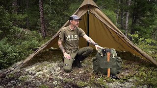 SOLO BUSHCRAFT CAMP IN THE RAIN  New Backpack Giveaway Catch and Cook  Open Shelter in Bug Season [upl. by Ahsratal]